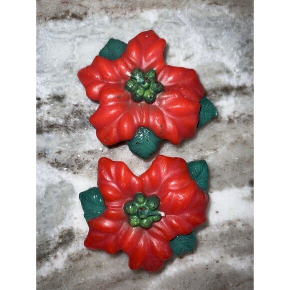 Vintage Christmas Candles Floating Poinsettias Candles 3" Set Of 2 With A Bonus - Picture 1 of 6